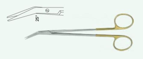 Ножиці операційні, судинні, екстра-делікатні, гострокінцеві, зігнуті за кутом 25, ТВС (ручки жовтого кольору), ДеБейкі, 160 мм Surgimax 04-530-16T